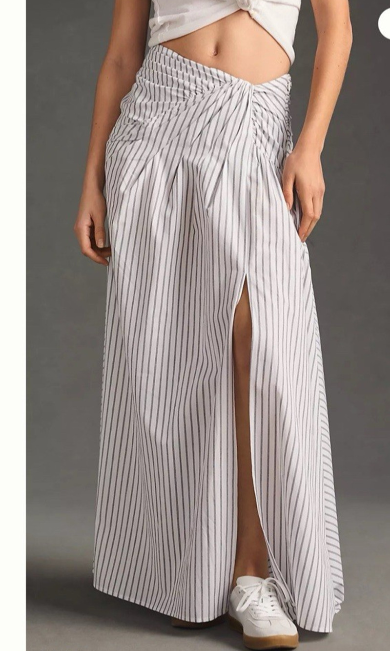 Mare Mare Anthropology Maxi Skirt Large Striped White Blue Aline Slit Boho